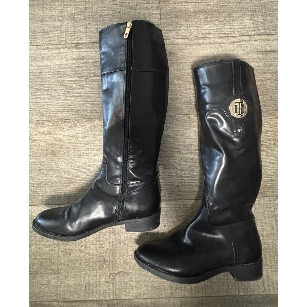 Tommy Hilfiger Women's 6.5 M Black Tall Riding Boots Gold Logo Knee High